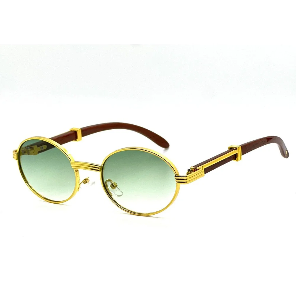 Mens Gold Round Sunglasses‎ Green Gradient Lenses Wood Accents UV400 Protection